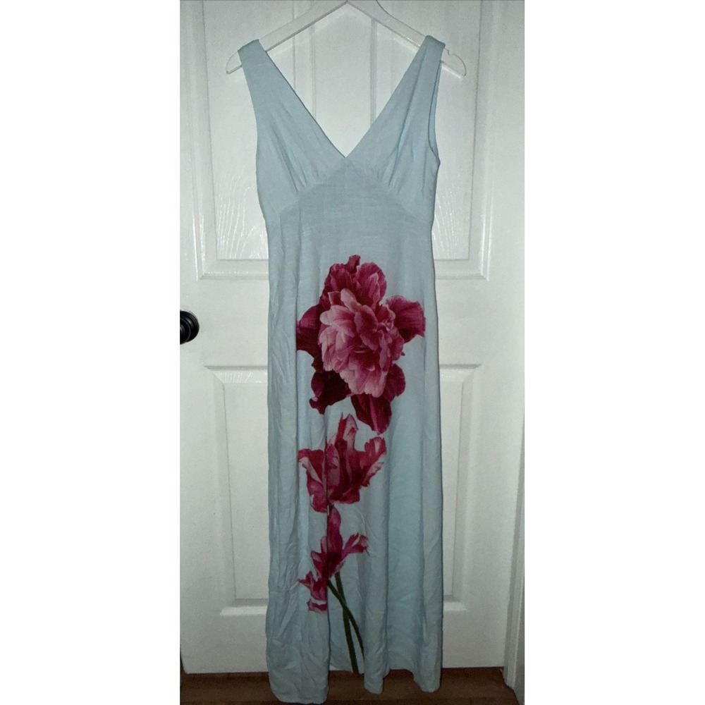 Paper Heart Anthropologie Linen Blend Blue Floral Maxi Sleeveless Dress XS